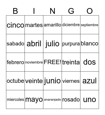 dias, meses, temporadas Bingo Card