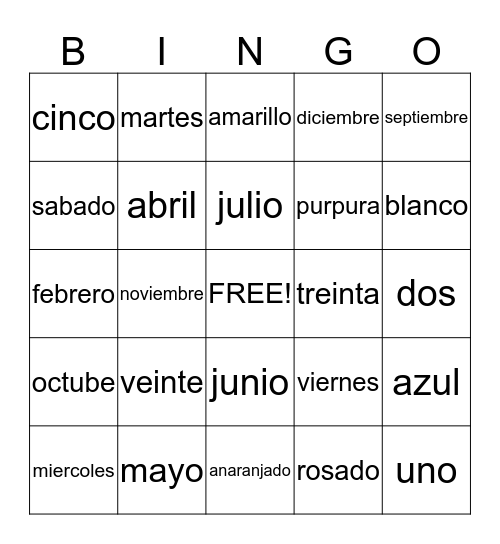 dias, meses, temporadas Bingo Card