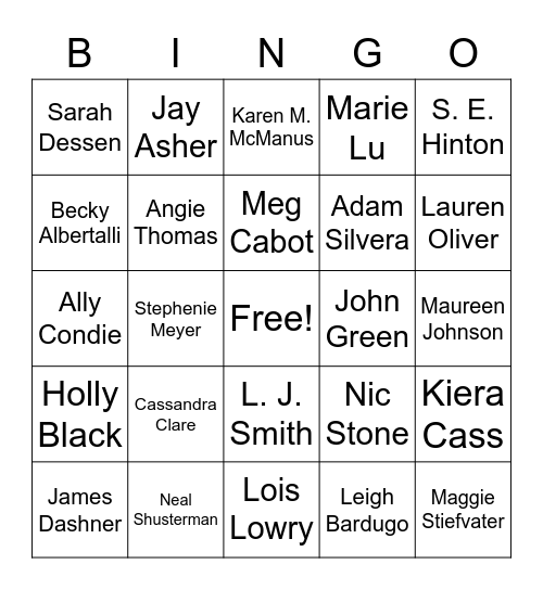 YA Authors Bingo Card