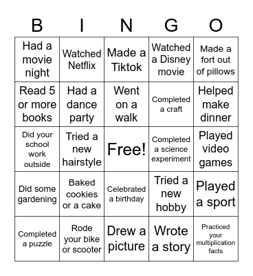 Distance Learning Bingo Card