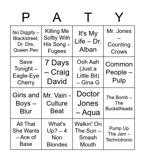 One Hit Wonders Bingo Card