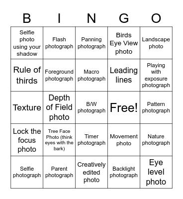 Photography Bingo Card