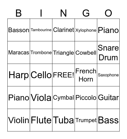 Instrument Families Bingo Card