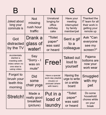 Remote Work Bingo Card