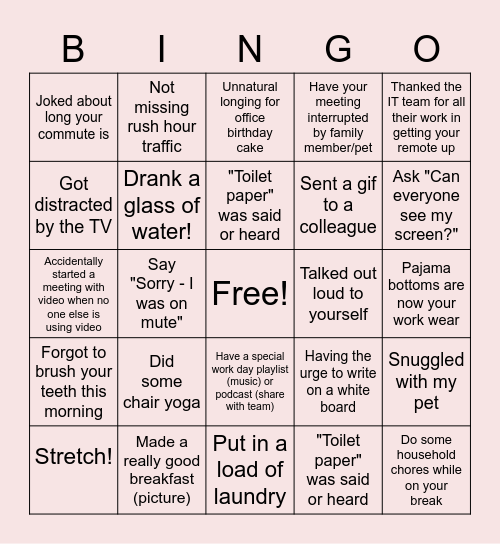 Remote Work Bingo Card