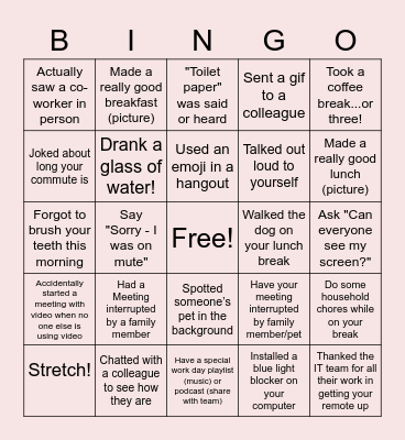 Remote Work Bingo Card