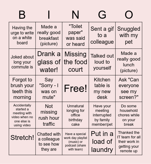 Remote Work Bingo Card