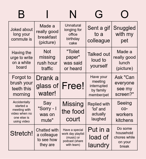 Remote Work Bingo Card