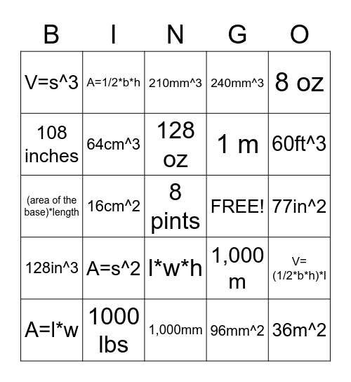 Measurement, Area & Volume Bingo Card