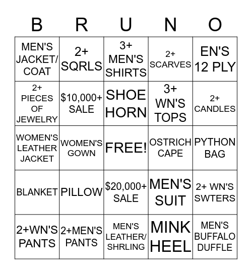Brunello Bingo Card