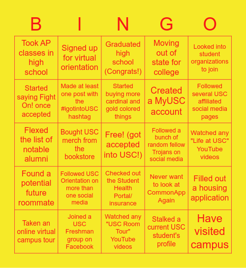 USC Orientation Bingo Card