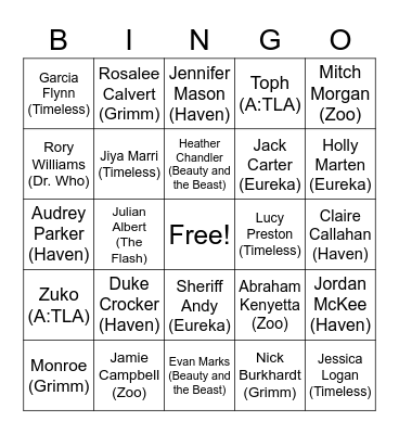 Caitlyn's Favorite TV Characters Bingo Card