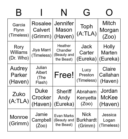 Caitlyn's Favorite TV Characters Bingo Card