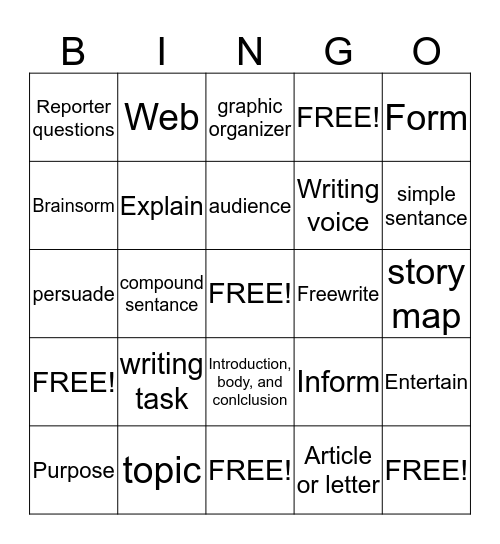 Pre-writing Bingo Card