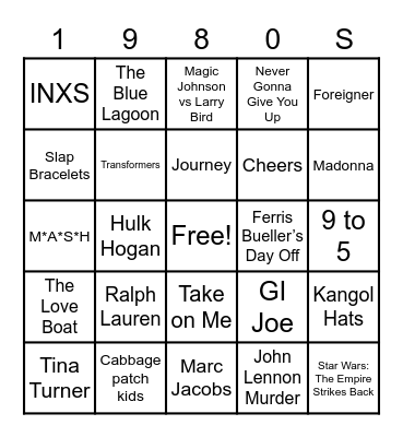 All Things 80s Bingo Card