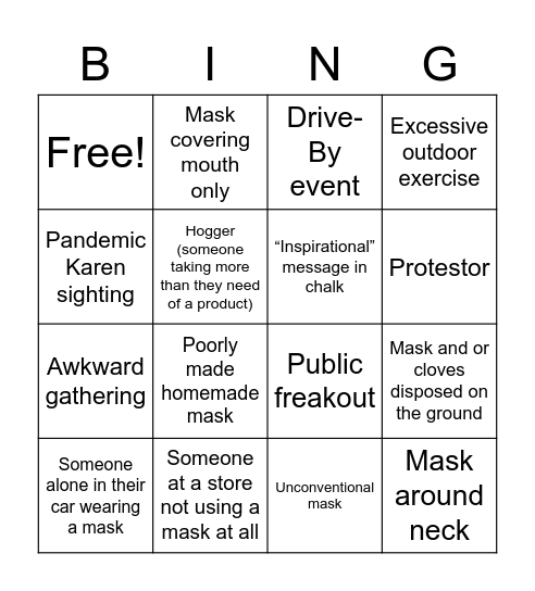 Pandemic Bingo Card