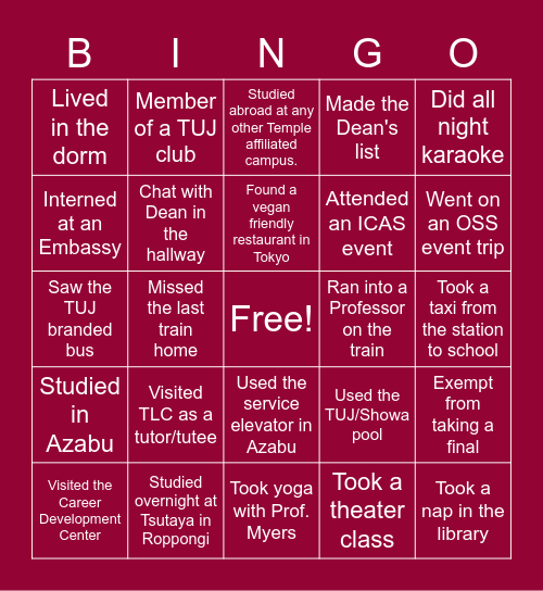 TUJ Bingo Card