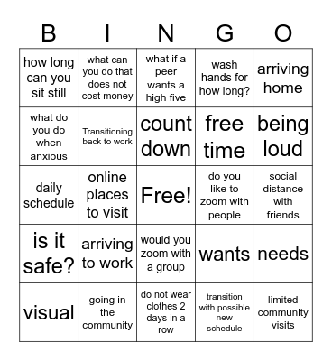 Transitions Bingo Card