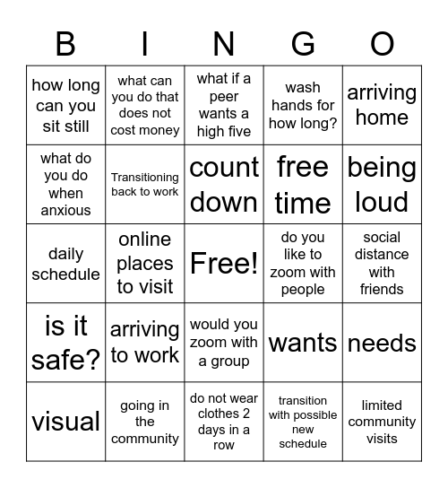 Transitions Bingo Card