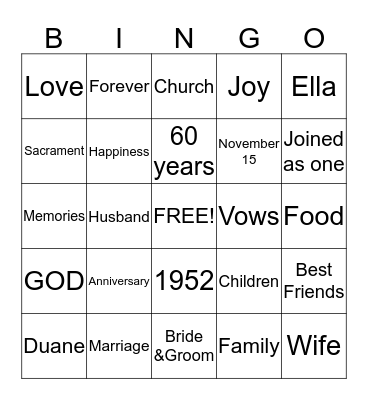 Anniversary Bingo Card