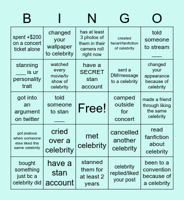 fav celebrity fangirl/fanboy bingo !! Bingo Card