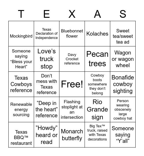 McTex family Texas bingo card Bingo Card