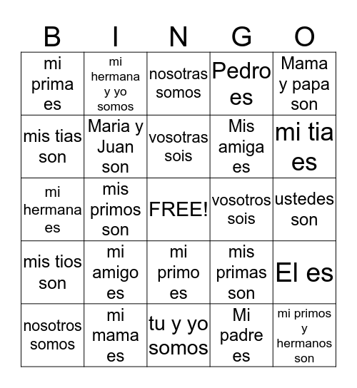 Pronombres Personales(personal pronouns) Bingo Card