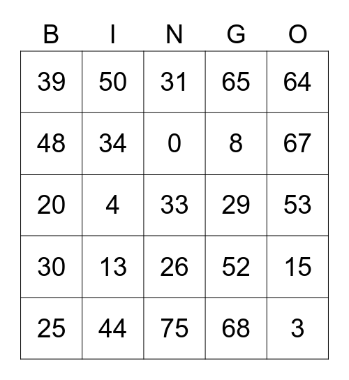 Number Bingo Card