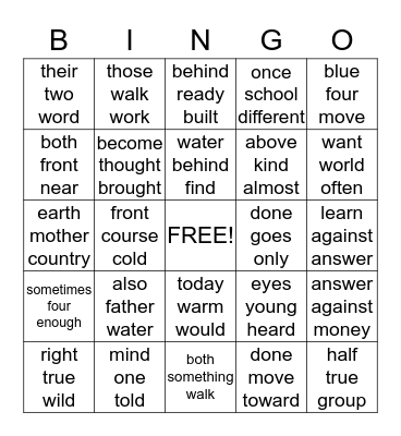 SIGHT WORDS Bingo Card