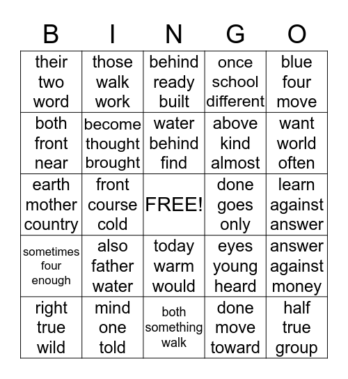 SIGHT WORDS Bingo Card