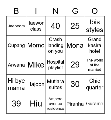 K Bingo Card