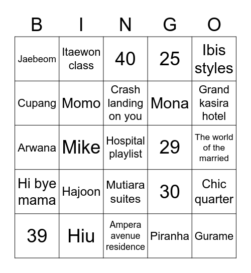 K Bingo Card