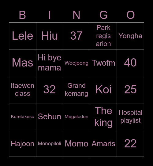 Sohee Bingo Card