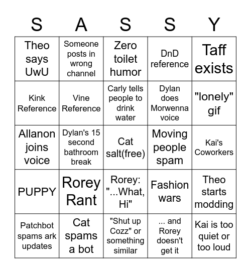 Sassy Bingo Card