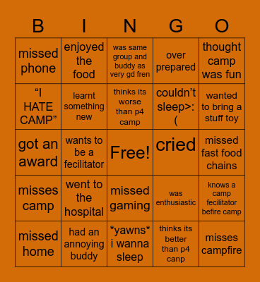 p6 camp Bingo Card