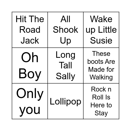 50's Music Bingo Card