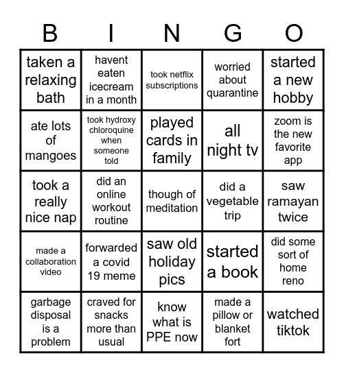 Family Covid Bingo Card