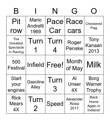 Indy 500 Bingo Card