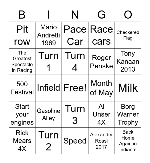 Indy 500 Bingo Card