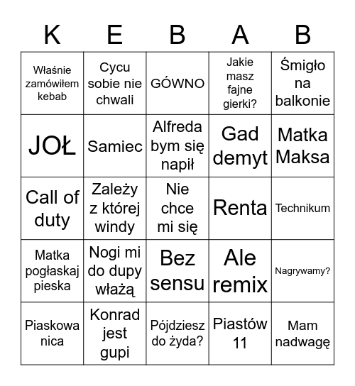 Kamilek bingo Card