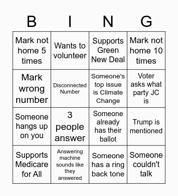 Phone Bank Bingo Card