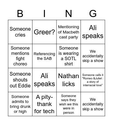Swan Songs Bingo Card