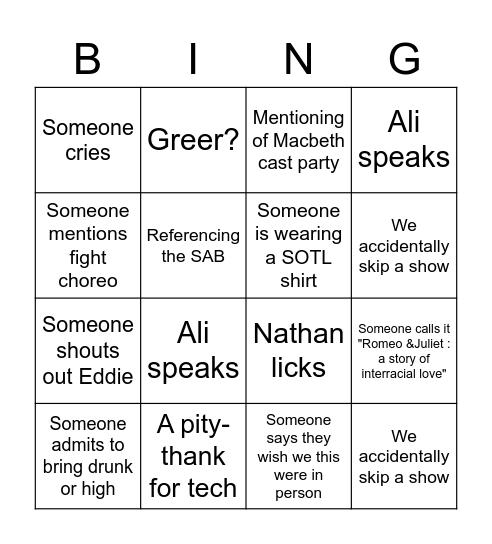 Swan Songs Bingo Card