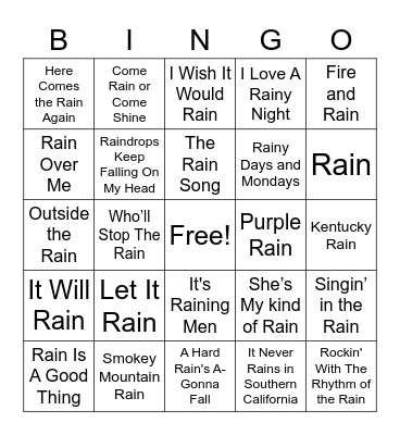 TAP IT RAIN SONGS Bingo Card