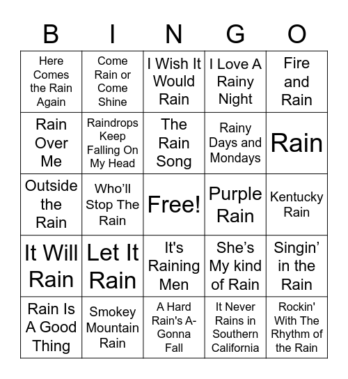 TAP IT RAIN SONGS Bingo Card