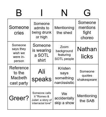 Swan Songs Bingo Card