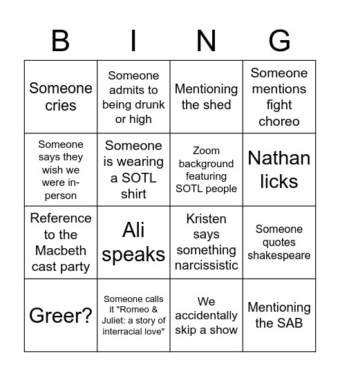 Swan Songs Bingo Card