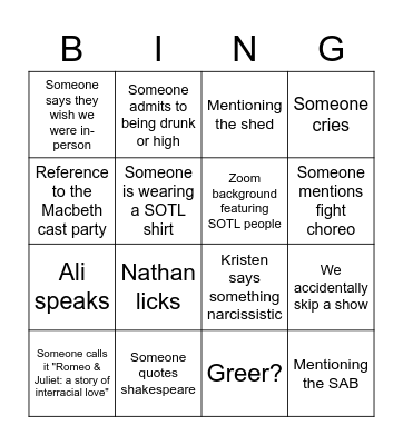 Swan Songs Bingo Card