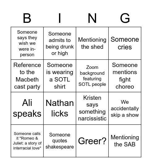 Swan Songs Bingo Card