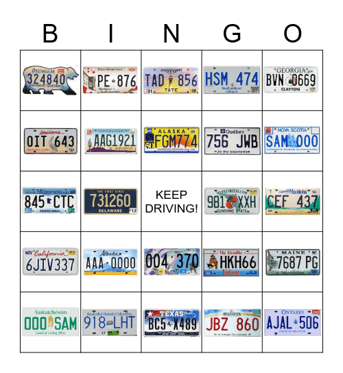 LICENSE PLATE BINGO Card